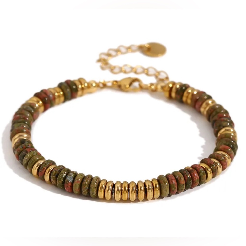 Natural Stone Beaded Bracelet 18K Gold Plated Stainless Steel